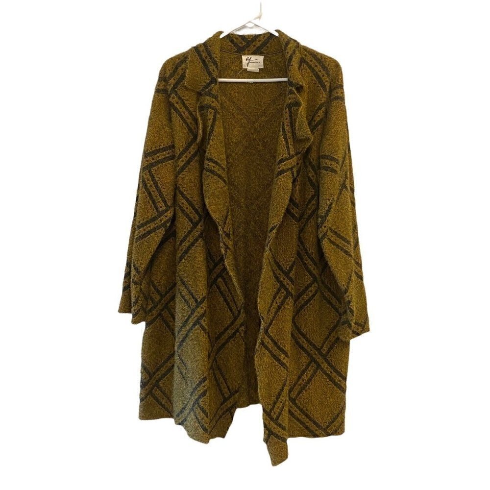 Andrea Jovine Women's Brass Black Geometric Knit Open Cardigan Sweater Large